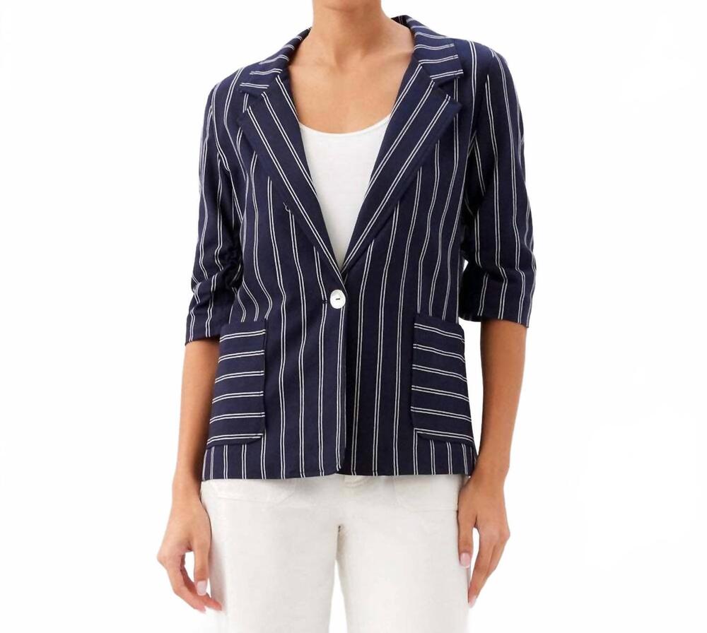 NEW KAREN KANE stripe ruched sleeve jacket in navy